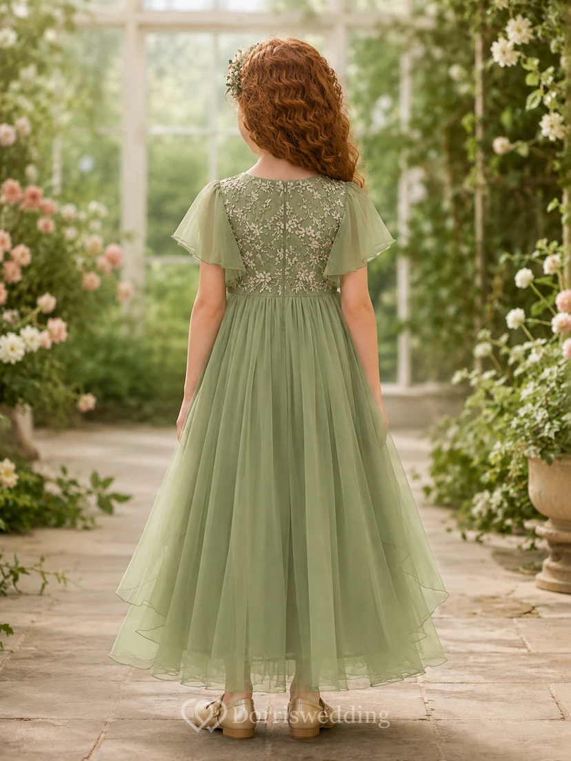 Flower Girl Dress Sage Lace Tulle A-Line Scoop Neck Tea Length Ruffle Detail view 2