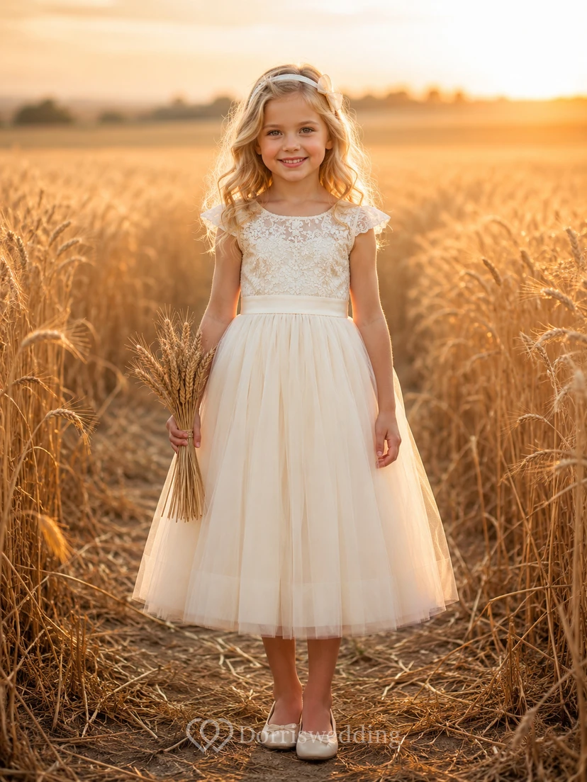 Ländliches Tüllkleid im A-Linien-Stil mit Schleife, kurzen Ärmeln, Rundhalsausschnitt, wadenlangem Rock und Schleifendetail.