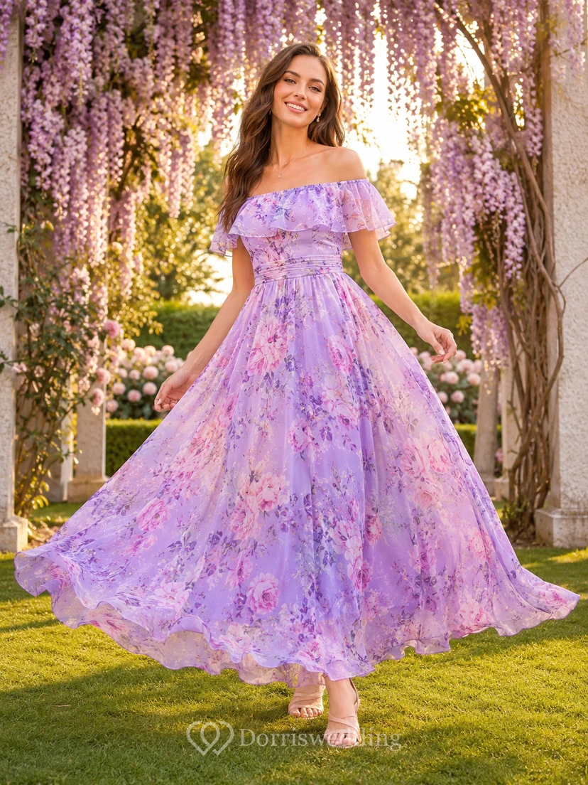 Lavender Floral Off Shoulder Ruffle Chiffon Maxi Guest Dress