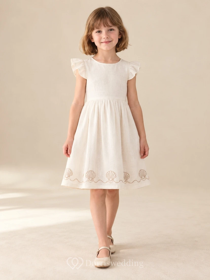 Modest Simple Ivory Knee Length Shell Border Compact Flutter Sleeve Beach Flower Girl Dress