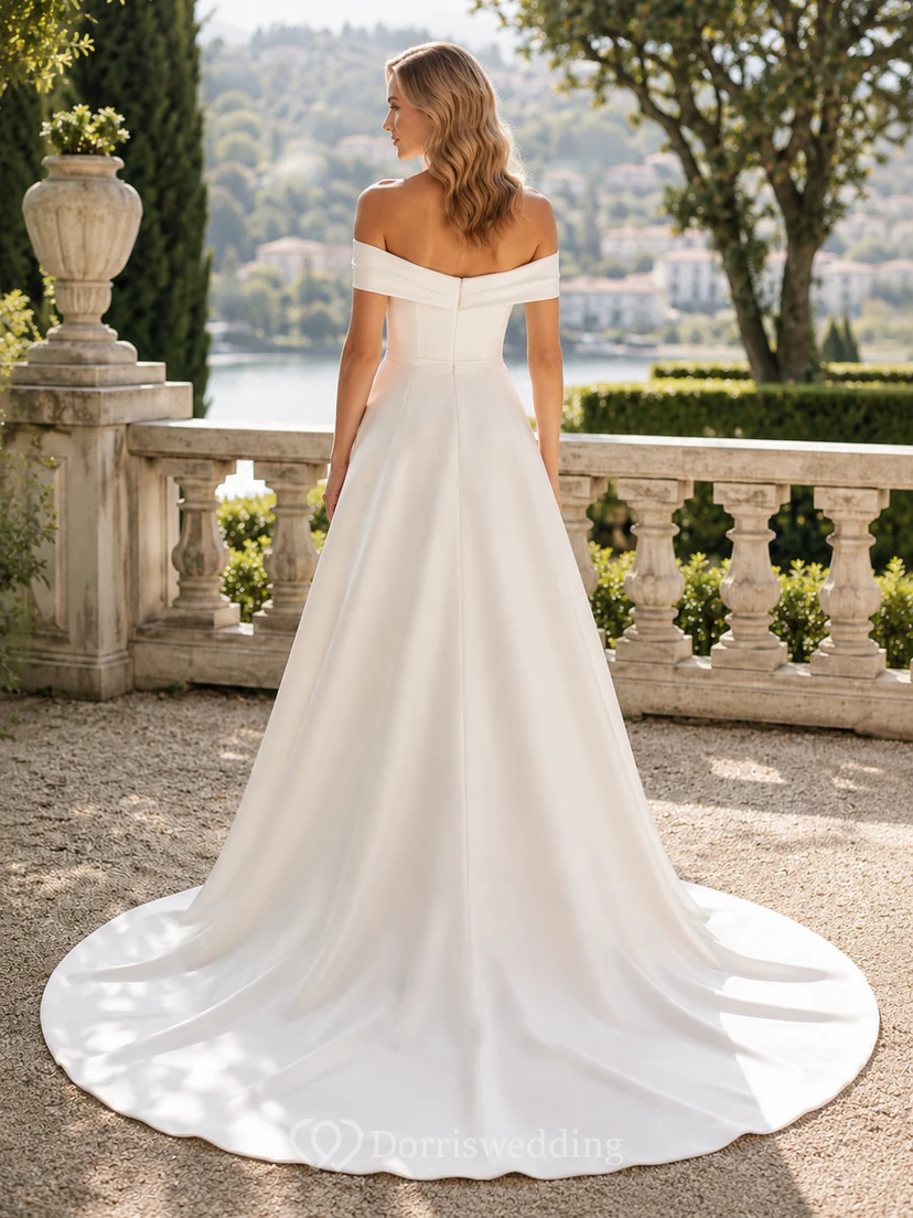 Minimalist Satin Wedding Dress A-Line Off Shoulder Court Train Bridal Gown view 2