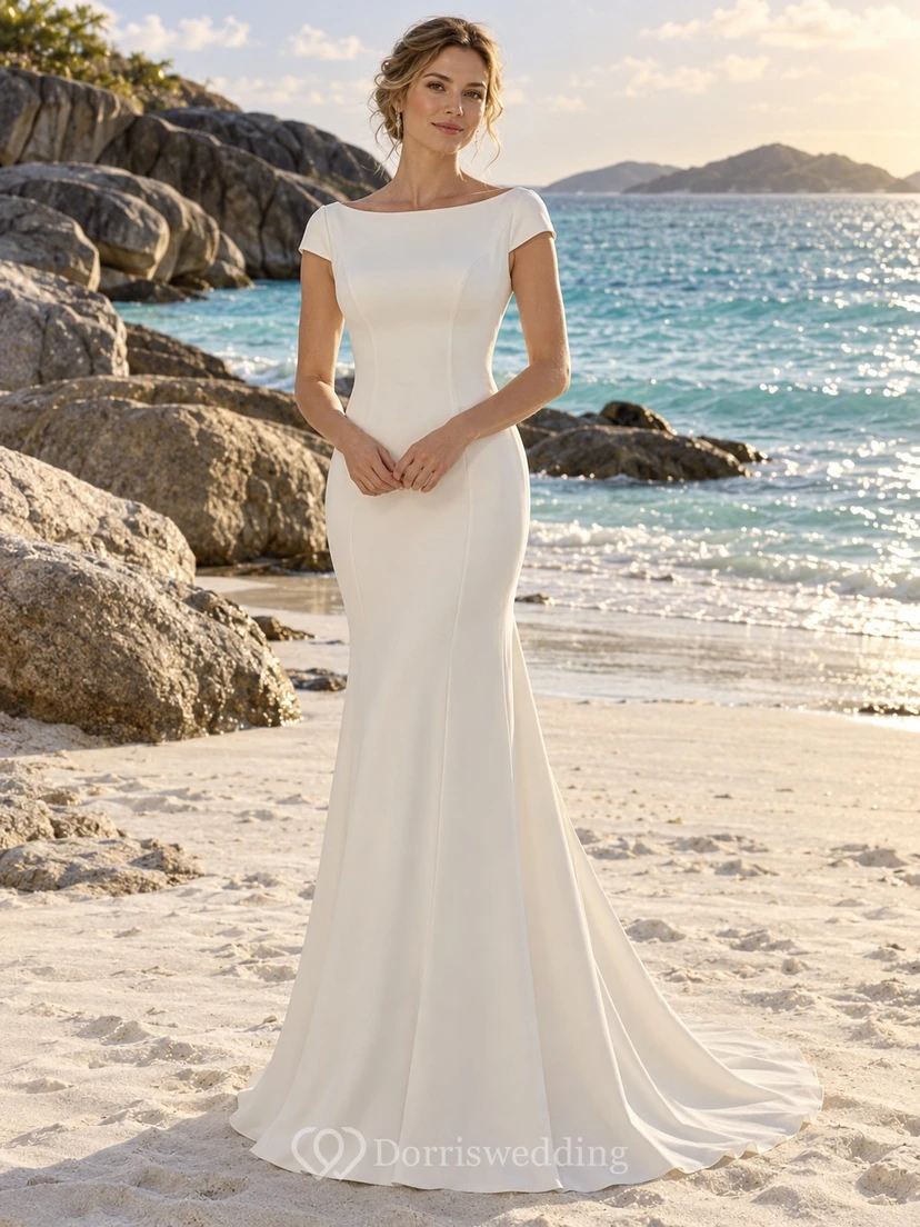 Robe de mariée sirène à manches bateau et traîne simple