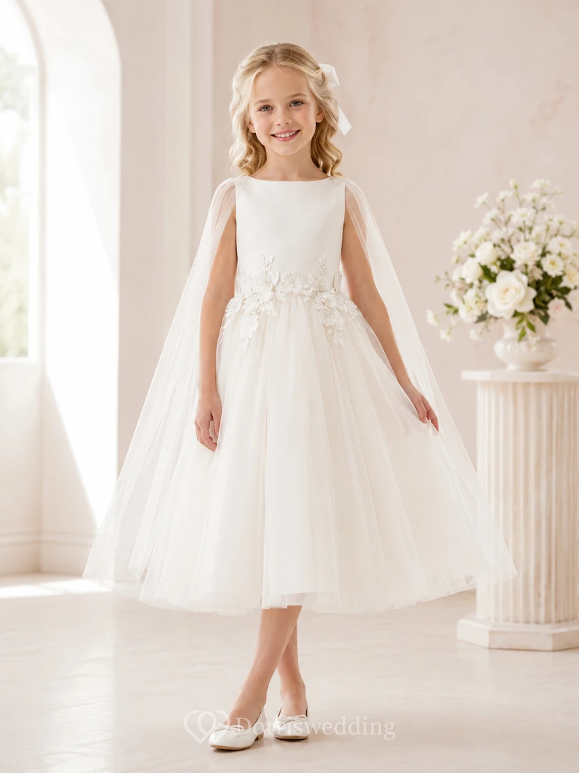 Robe de demoiselle d'honneur de communion formelle en tulle blanc à imprimé floral avec cape et appliques florales