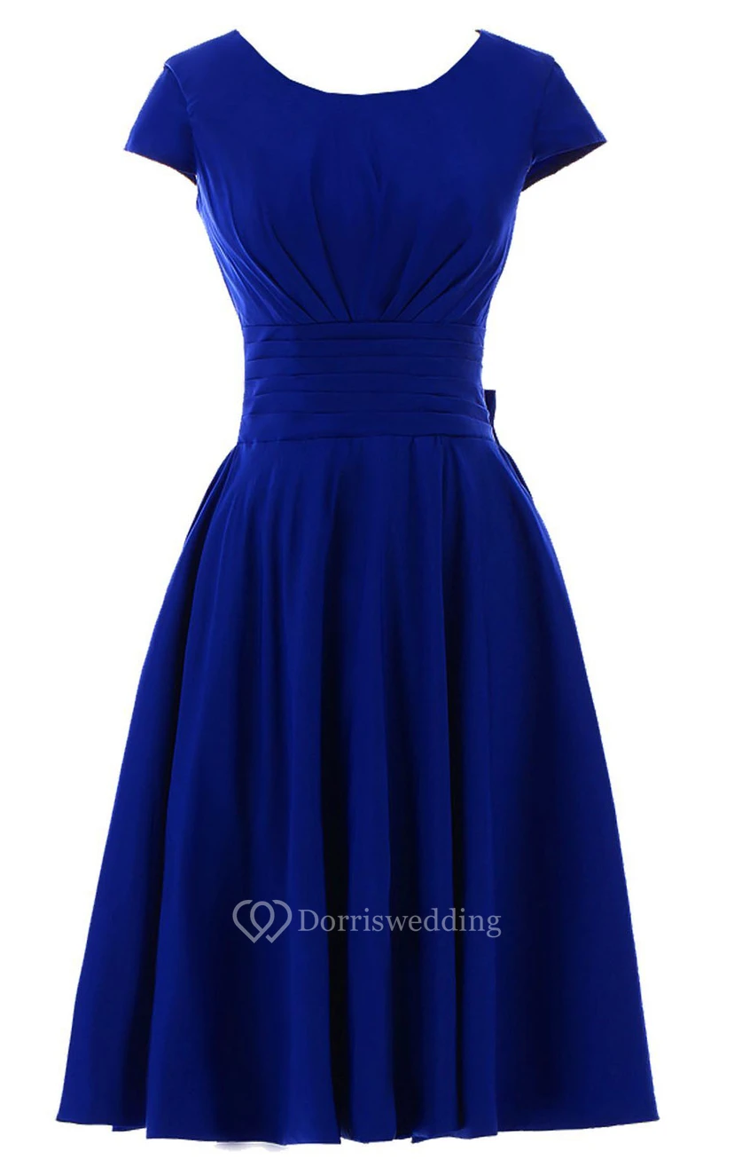 Short Sleeve Ruched Sash Midi-length Pleated Chiffon Dress view 2