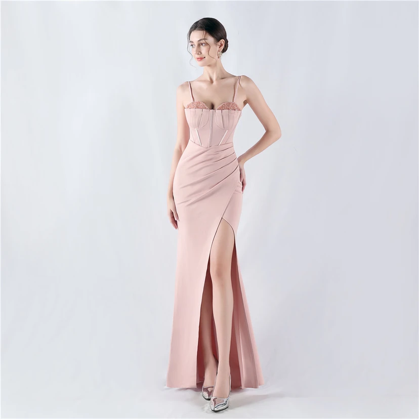 Fishbone Waist Set Crystal Diamond Satin Host Evening Dress view 29
