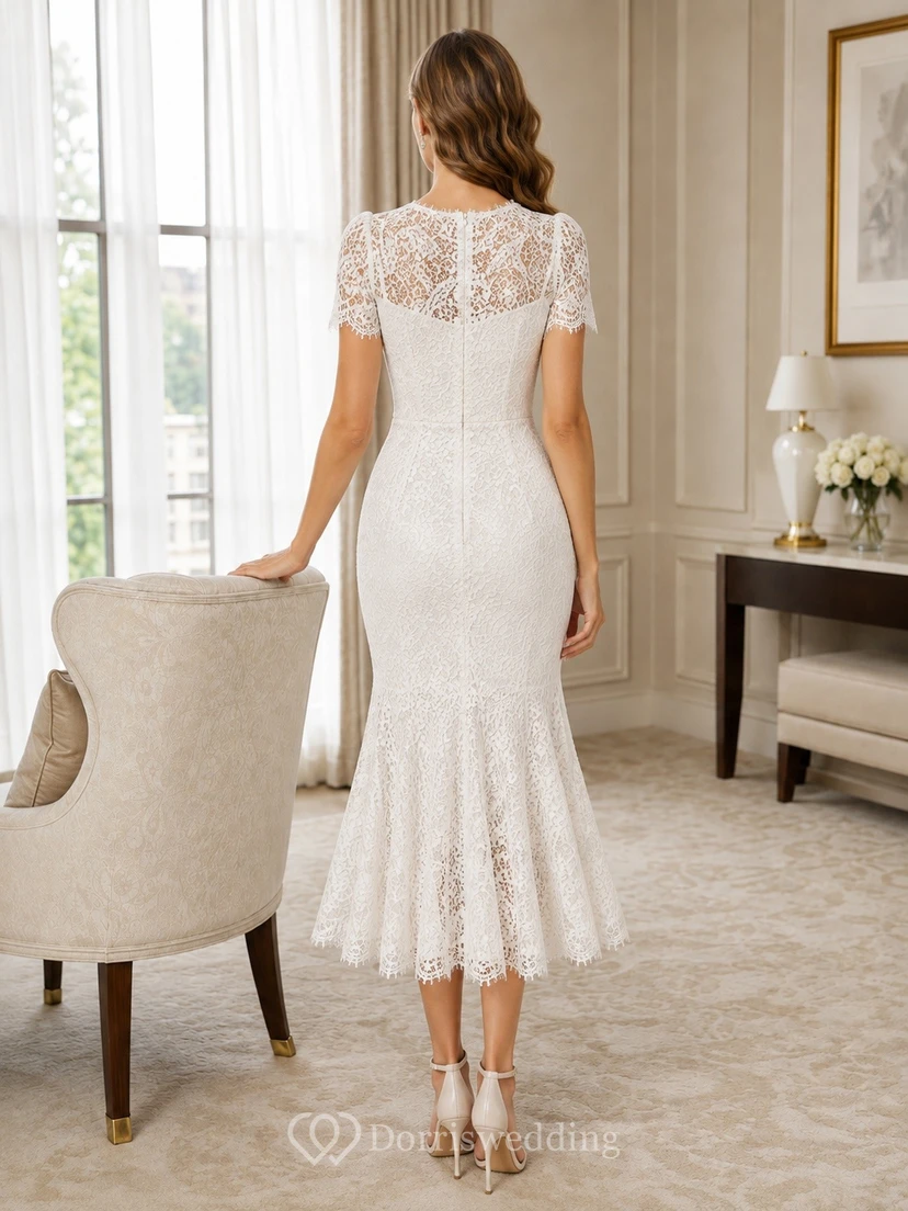 White Short Sleeve V-Neck Tea-Length Lace Mermaid Guest Dress view 2