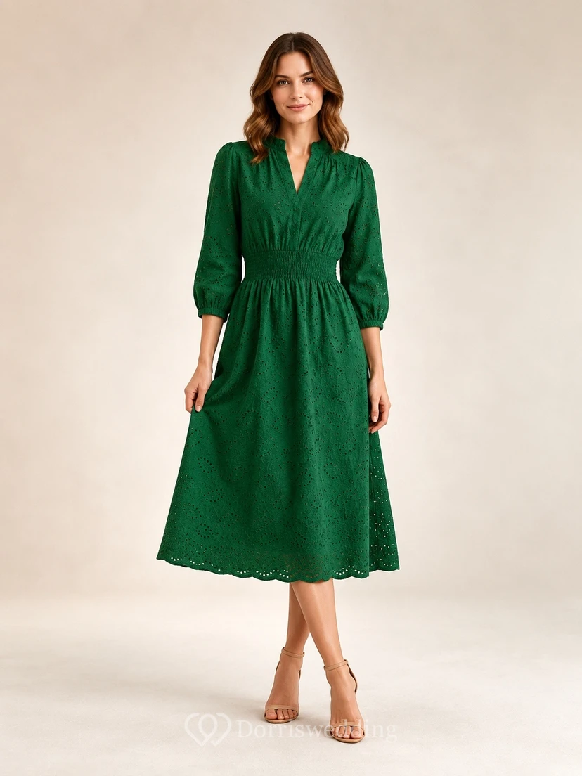 Dark Green V-Neck Long Sleeve Jersey A-Line Tea-Length Occasion Dress