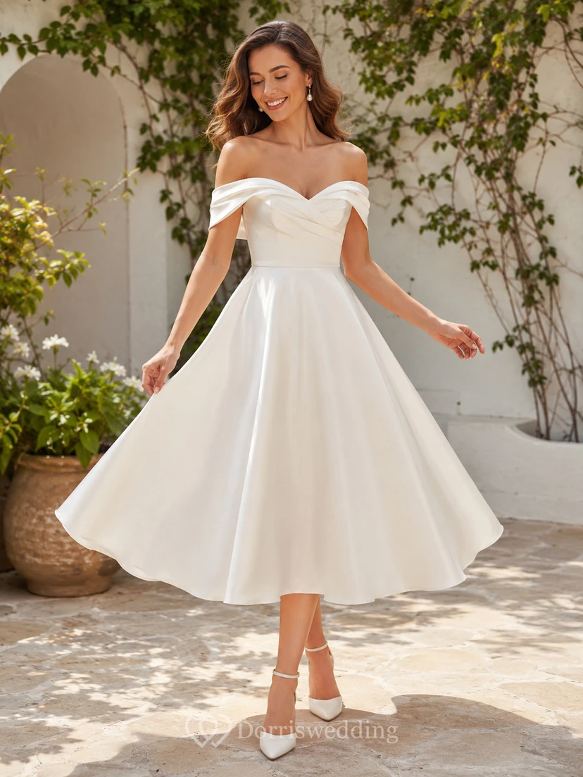 Romantic Civil Satin A Line Off Shoulder Sweetheart Tea Length Wedding Dress