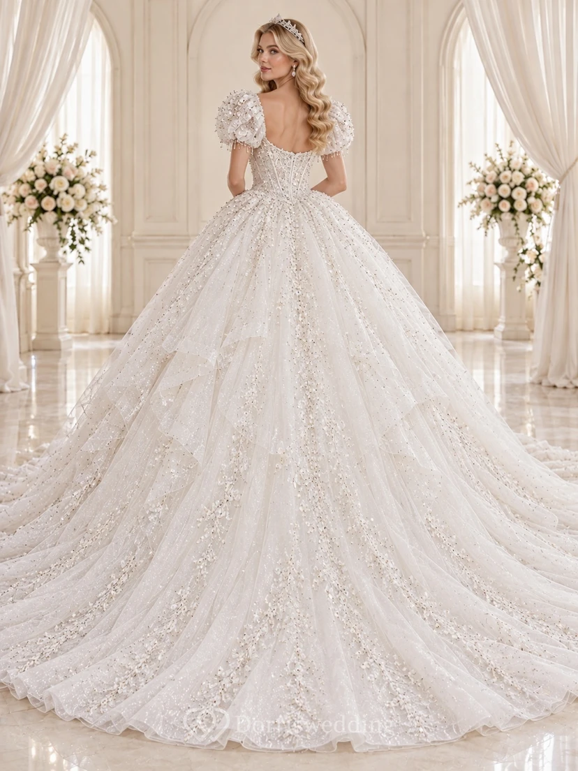 Vestido de novia de corte princesa con escote corazón, mangas abullonadas, cascadas de tul con cuentas y cola de corte. view 2