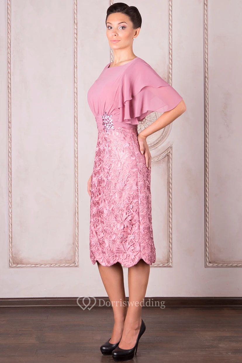Pencil Knee-Length Poet Sleeve Bateau Neck Appliqued Chiffon Mother Of The Bride Dress view 3