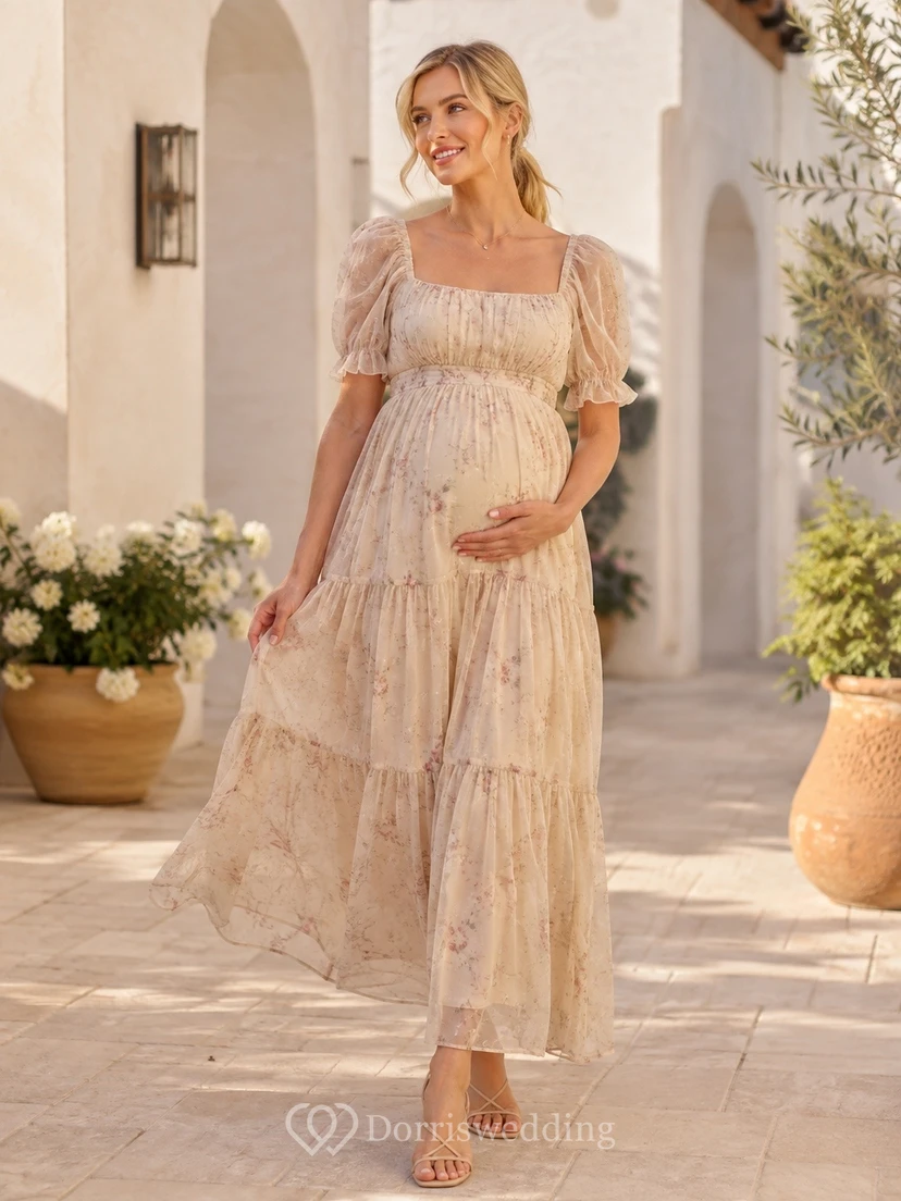 Blush Maternity Square Neck Short Sleeve Tiered Floor-Length Chiffon Dress