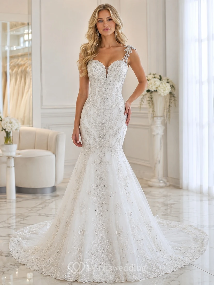 Silbernes Meerjungfrauen-/Trompetenkleid aus Spitze mit Herzausschnitt, ärmellos, bodenlang, mit Schleppe, elegantem Design