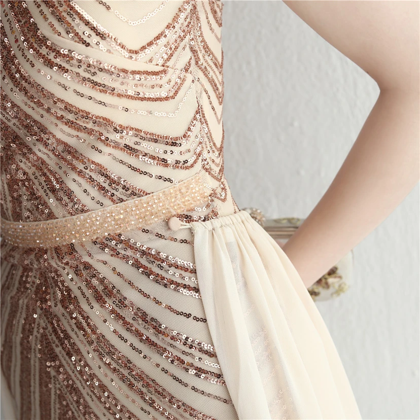 Paillettenbesetzter Chiffonrock mit Blumenmuster, handgefertigt mit Perlen und Neckholder-Ausschnitt, elegant und kühl, perfekt für festliche Anlässe. view 43