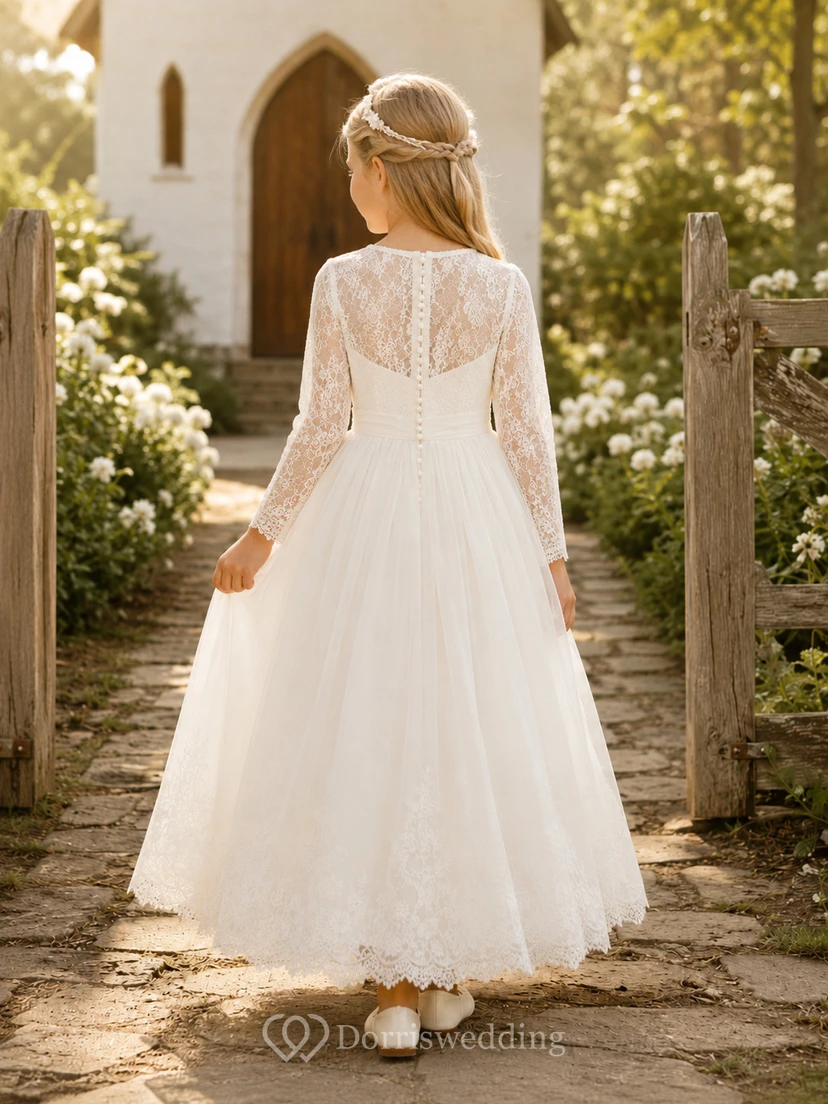 Rustikales Kommunionkleid mit herzförmigem Ausschnitt, Illusionsausschnitt und langen Ärmeln aus Spitze view 2