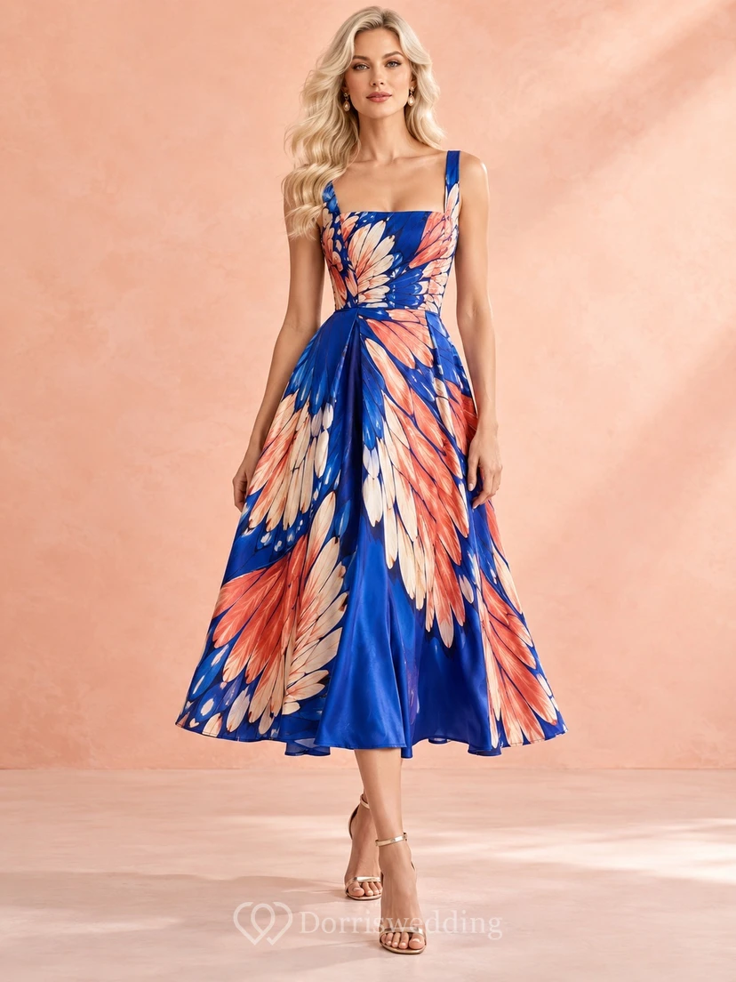 Square Neck Royal Blue Wing Print Satin Midi Cocktail Dress