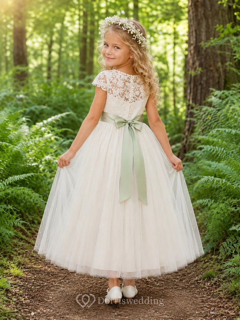 A-Line Flowergirl Lace Tulle Floor-Length Cap Sleeve Sash Forest Wedding Dress view 2