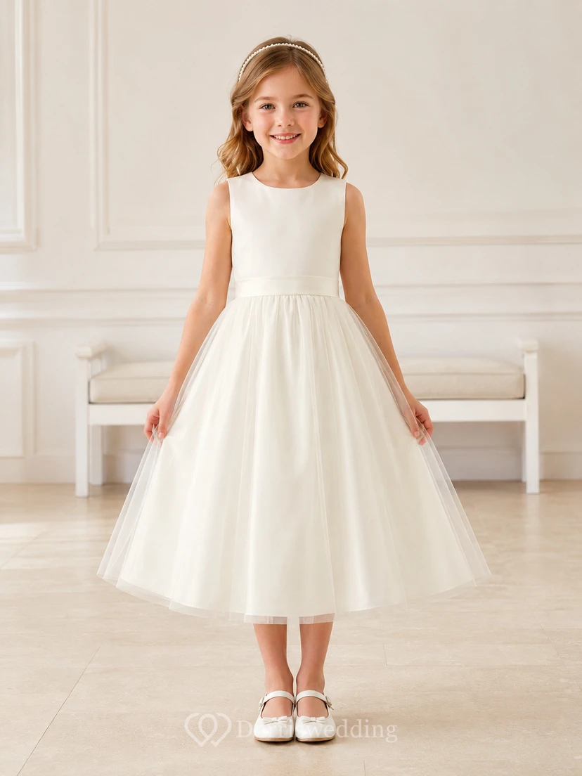 Vestido de niña de flores sin mangas de tul color marfil con corte en A, escote joya y falda a la altura de la rodilla con detalle de lazo.