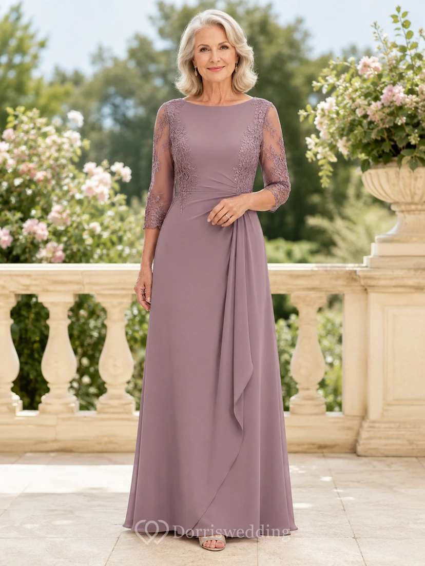 Vintage-Brautkleid in Mauve-Spitze, schlicht und elegant, mit Illusion-Ausschnitt, Dreiviertelärmeln, A-Linien-Schnitt und bodenlangem Chiffon-Detail, ideal für die Mutter älterer Bräute.