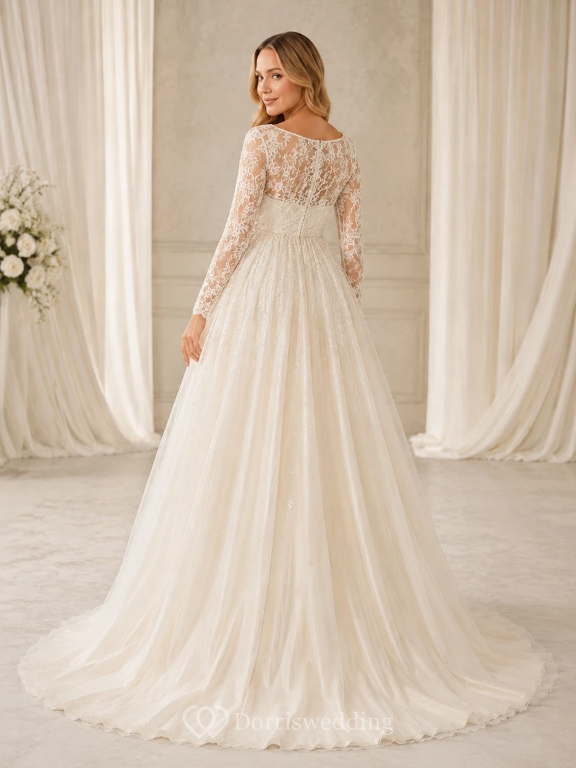 Vestido de novia romántico de manga larga con encaje y tul, estilo princesa, ideal para embarazadas y novias. view 2