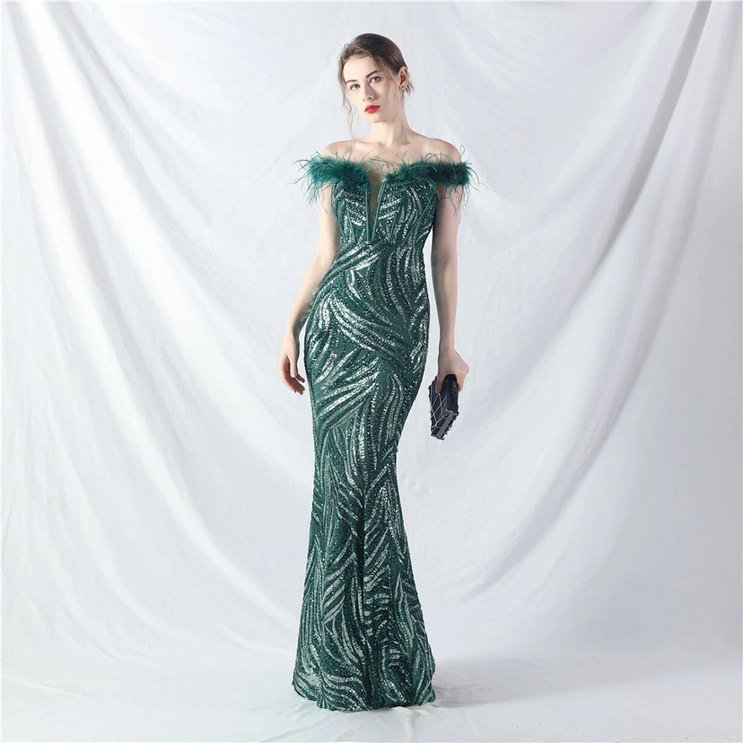 Robe de soirée haut de gamme à sequins, ornée d'un gilet à taille en arêtes de poisson et de plumes d'autruche. view 24