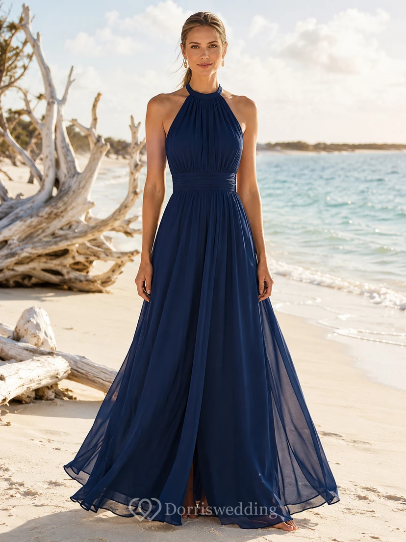 Navy halter chiffon A-line beach maxi occasion dress