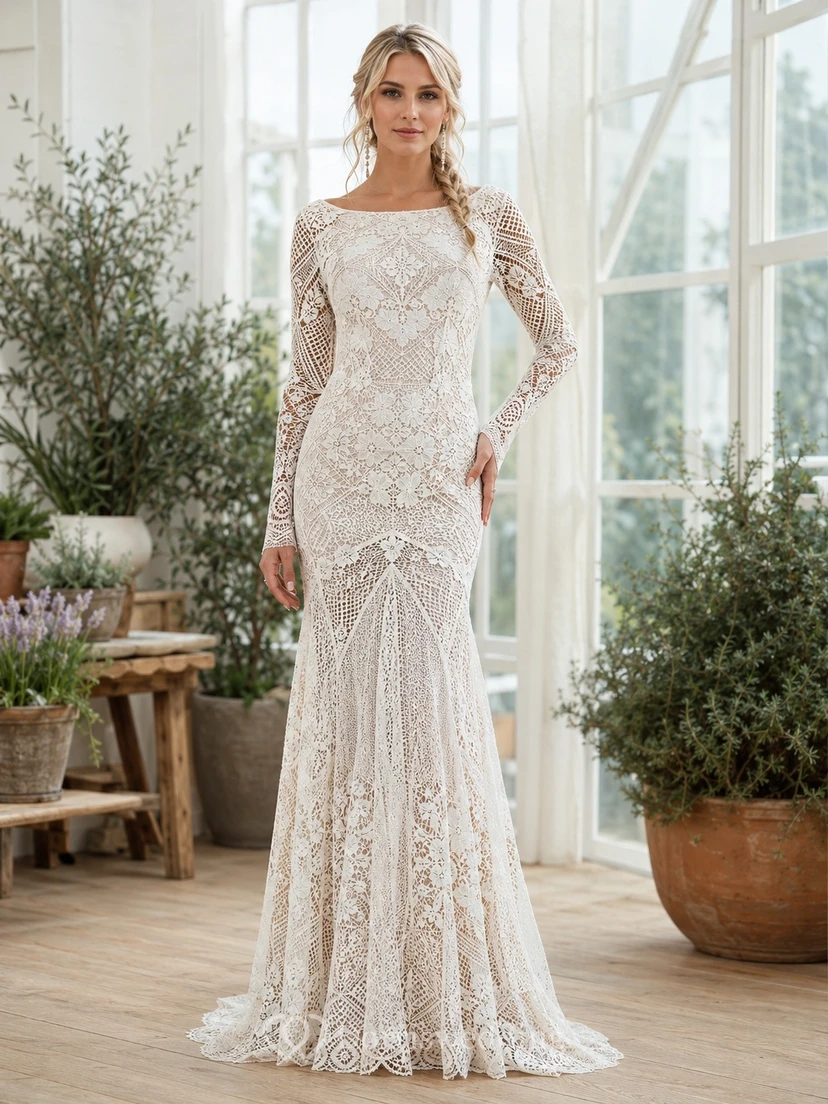 Boho-Hochzeitskleid mit eckigem Ausschnitt, langen Ärmeln, Meerjungfrauen-Stil, bodenlang, sexy und luxuriös, aus Spitze