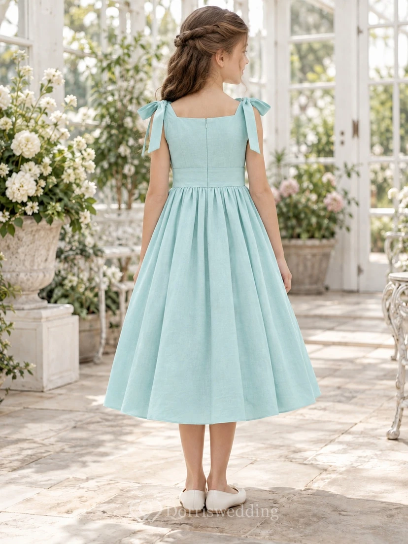 Simple Tea-length Aqua Bateau Shoulder Bow Cotton A-line Flower Girl Dress view 2