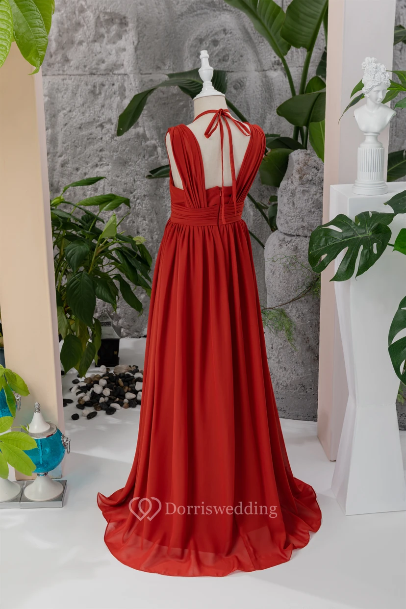 Red Halter Criss-cross Empire Chiffon Ruched Flowergirl Dress view 10