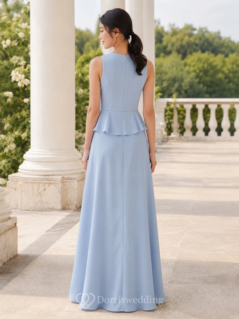 Himmelblaues Brautjungfernkleid im A-Linien-Stil mit Strasssteinen, ärmellos, plissiert, modern view 2