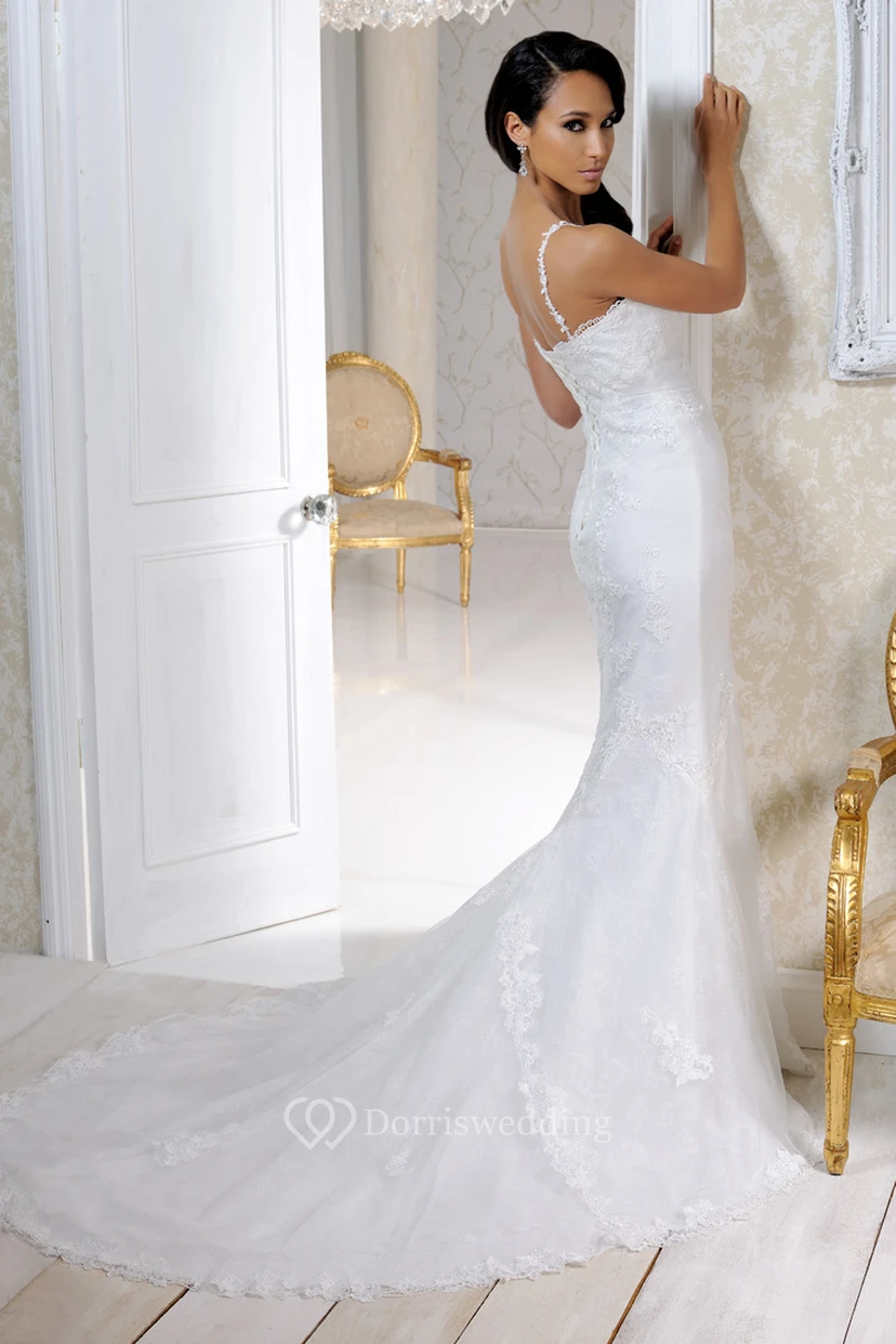 Bodenlanges Brautkleid aus Satin und Tüll mit Applikationen und Trägern view 2