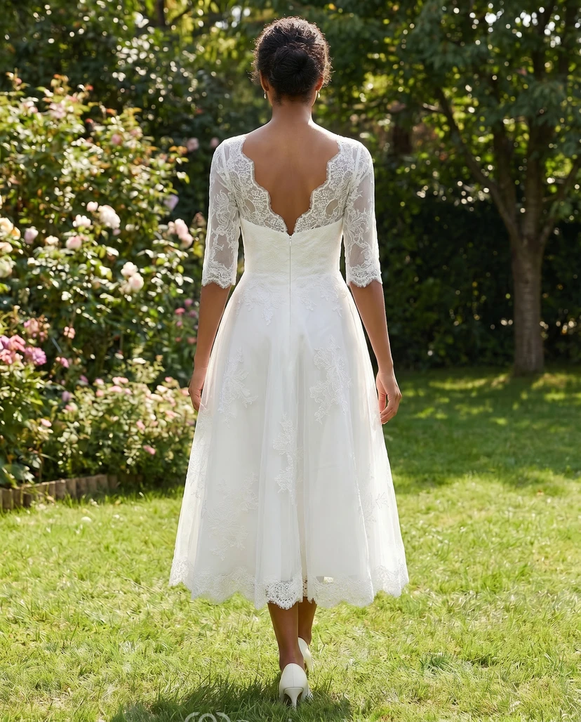 Vestido de novia de largo midi para novias mayores | Vestido de novia midi modesto de encaje vintage color marfil en tallas grandes con mangas view 4