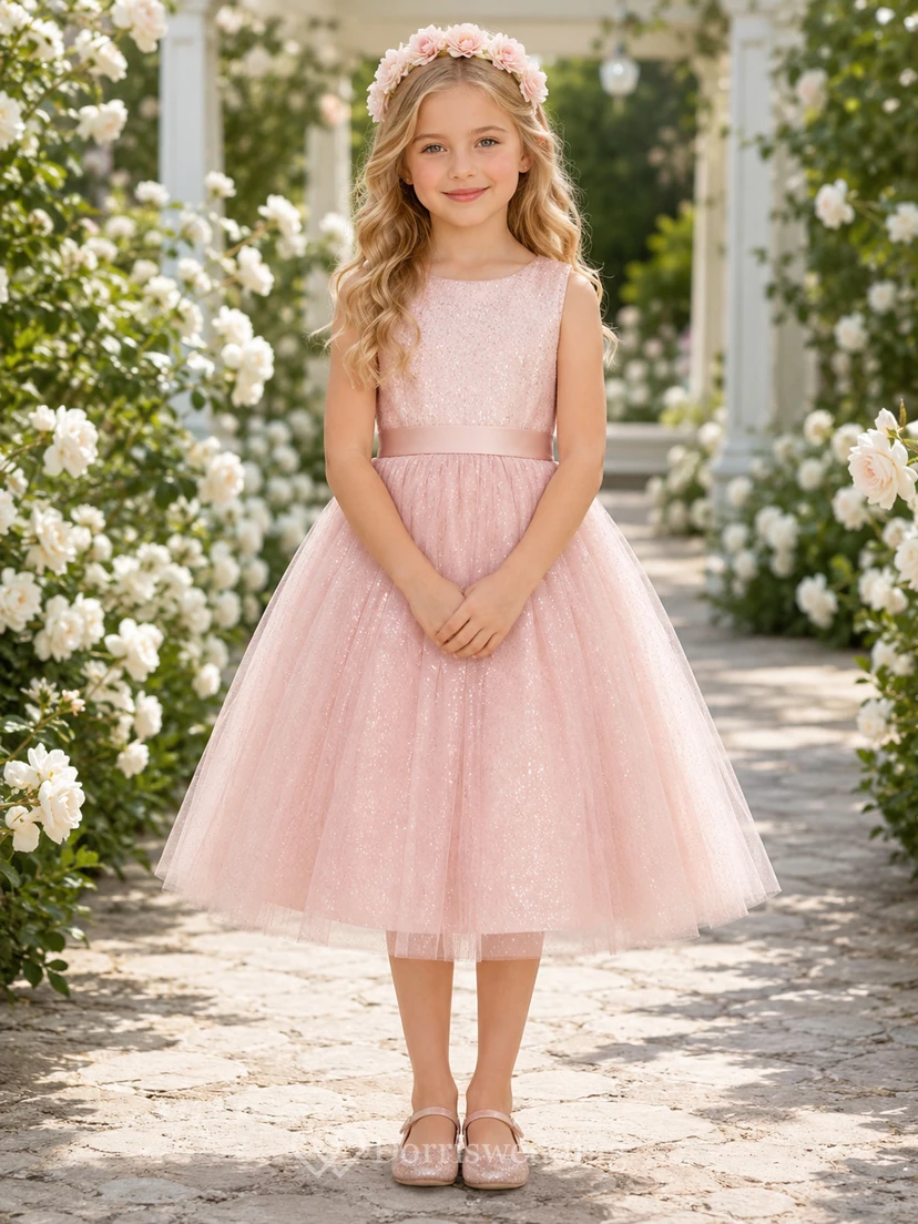 Blumenmädchenkleid aus rosafarbenem Tüll, A-Linie, Rundhalsausschnitt, Teelänge, plissiert