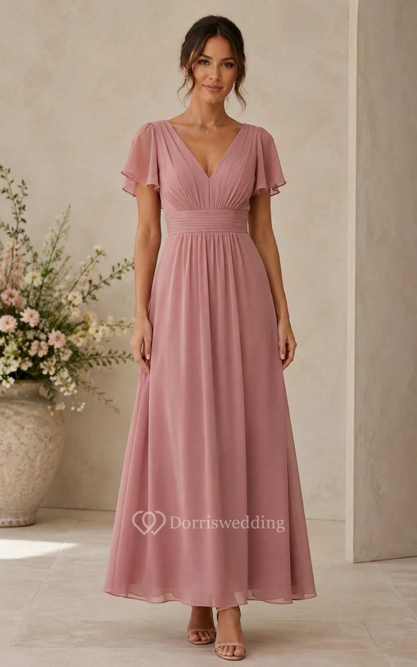 Vestido de dama de honor rosa empolvado de largo midi con mangas acampanadas
