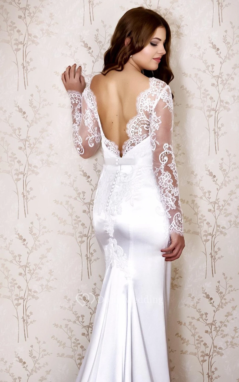 Lace and Satin Mermaid Dress With Long Sleeves and Deep-V Back view 3