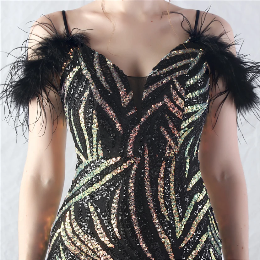 Crafted Ostrich Feather Stacked Sequins Splicing Mesh Gauze High-End Evening Dress Clothes view 18