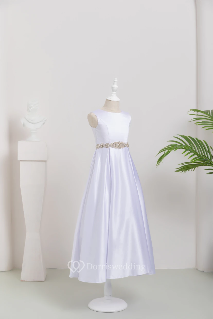 Satin Scoop-neck Sleeveless Solid Flowergirl Dress with Beaded Waist view 3