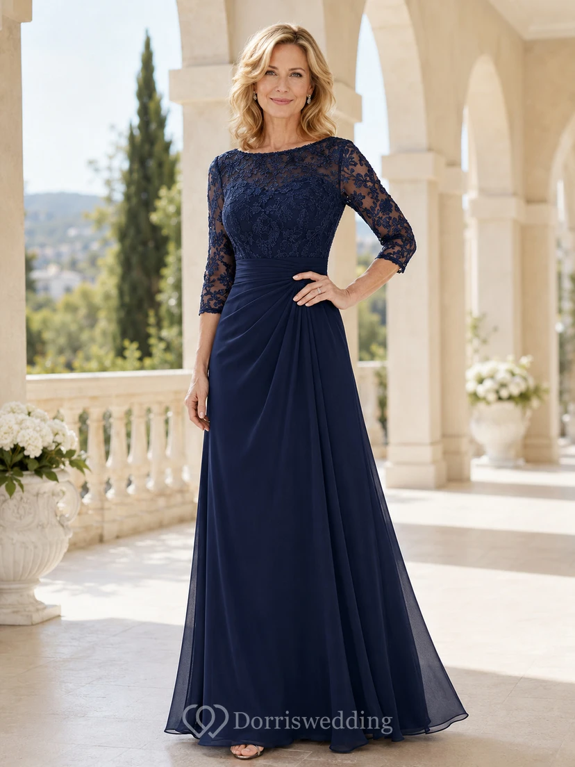Dark Navy Floor-Length A-Line Modest Mother of the Bride Gown with Bateau Lace Bodice and Three-Quarter Illusion Sleeves