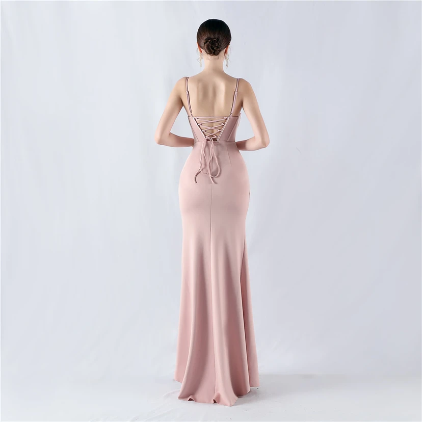 Fishbone Waist Strap Satin Host Meeting Evening Dress view 24