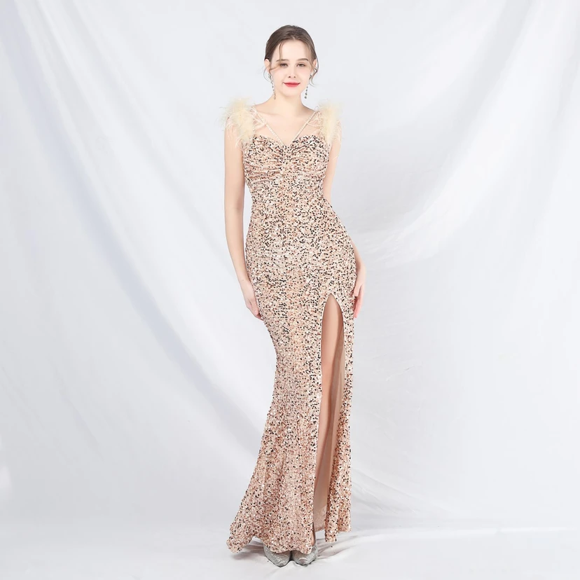 Craft Beaded Ostrich Feather Plush Sequined Long Evening Dress view 11