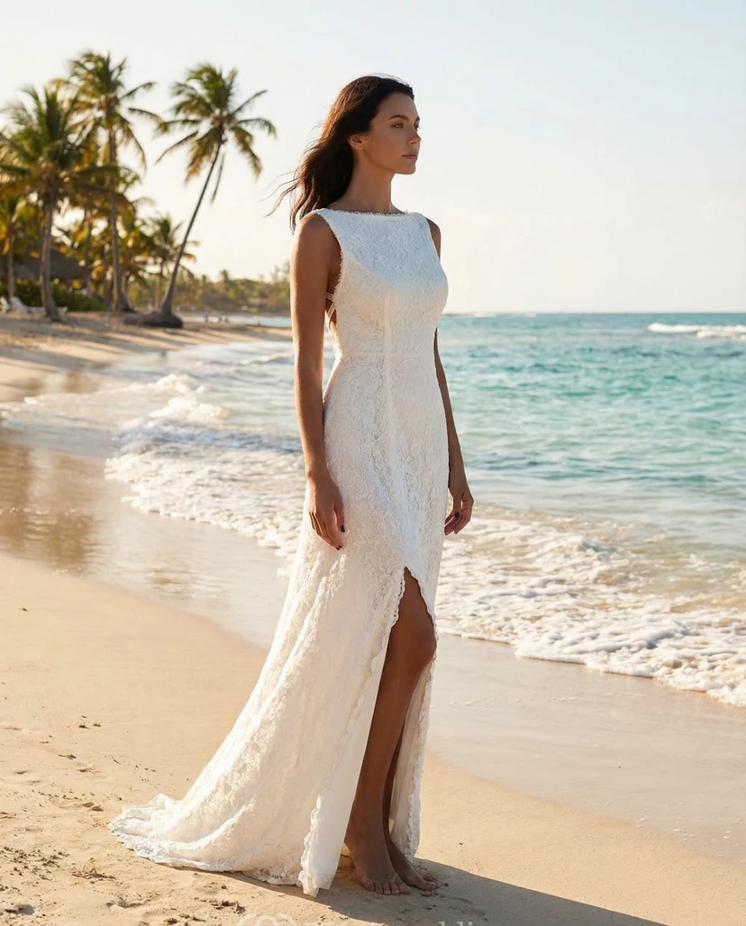 Robe de mariée fourreau en dentelle style plage, col montant et fente sur le devant