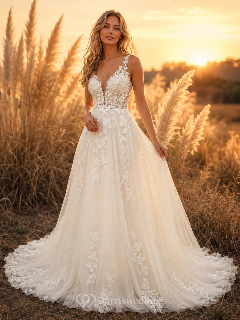 Boho-Brautkleid mit floralem Spitzenoberteil und A-Linien-Schnitt