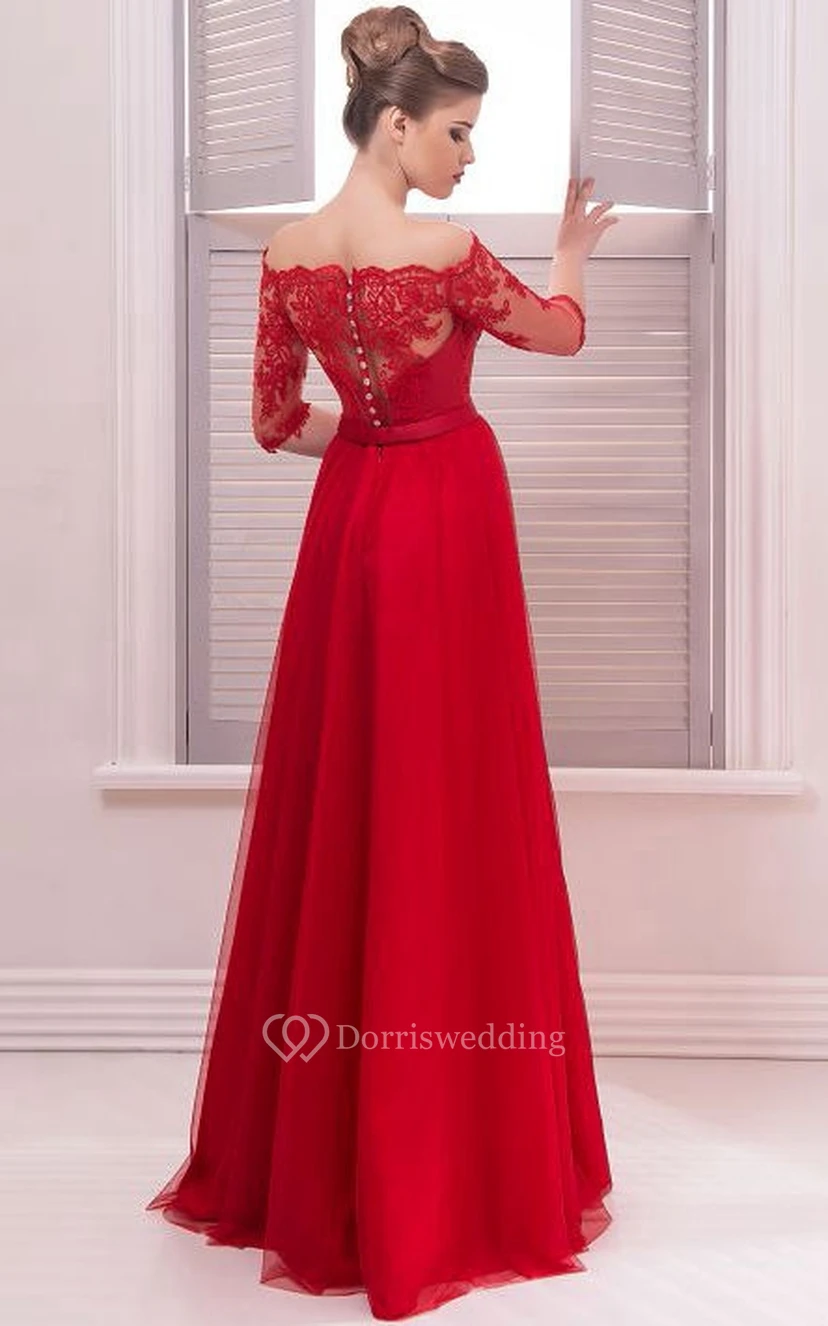 A-Line Floor-Length Off-The-Shoulder 3 Tulle Lace Pleats Button Dress view 2