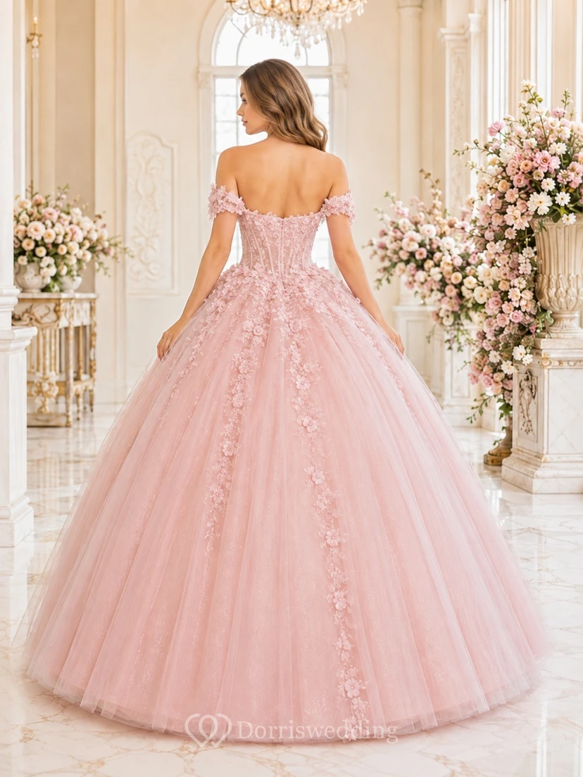Blush Off Shoulder Floral Tulle Ball Gown Quinceanera Formal Reception Dress view 2