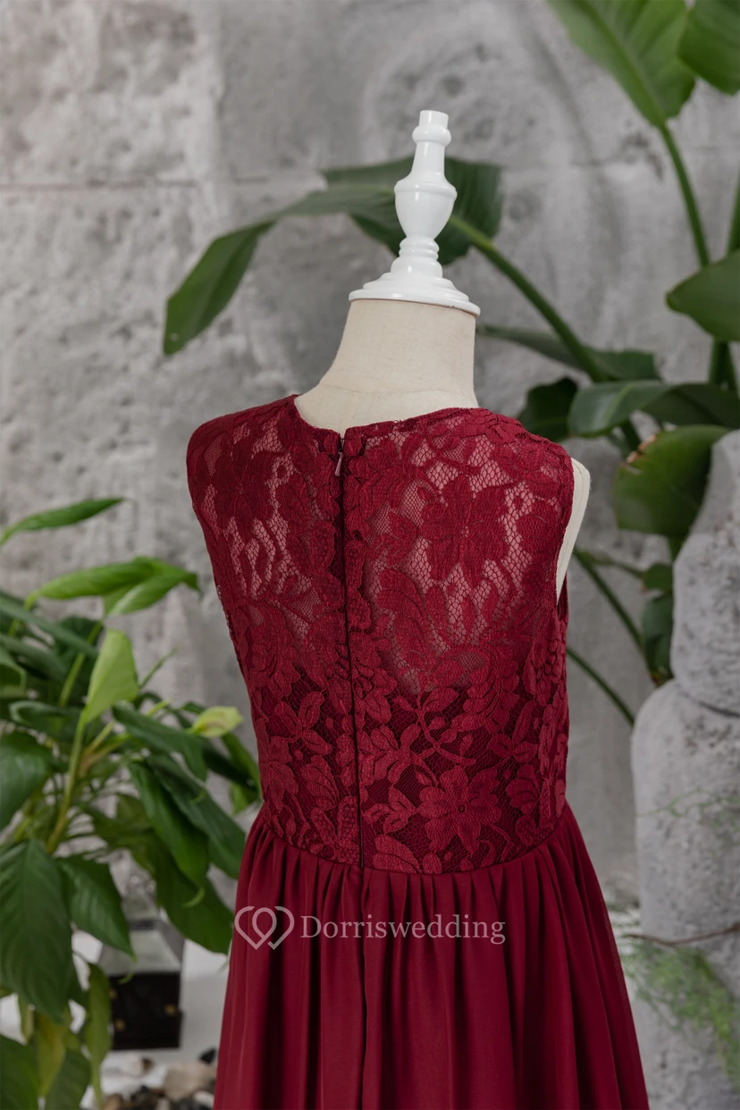 Lace Burgundy Chiffon Floor-length Sleeveless Flowergirl Dress view 10
