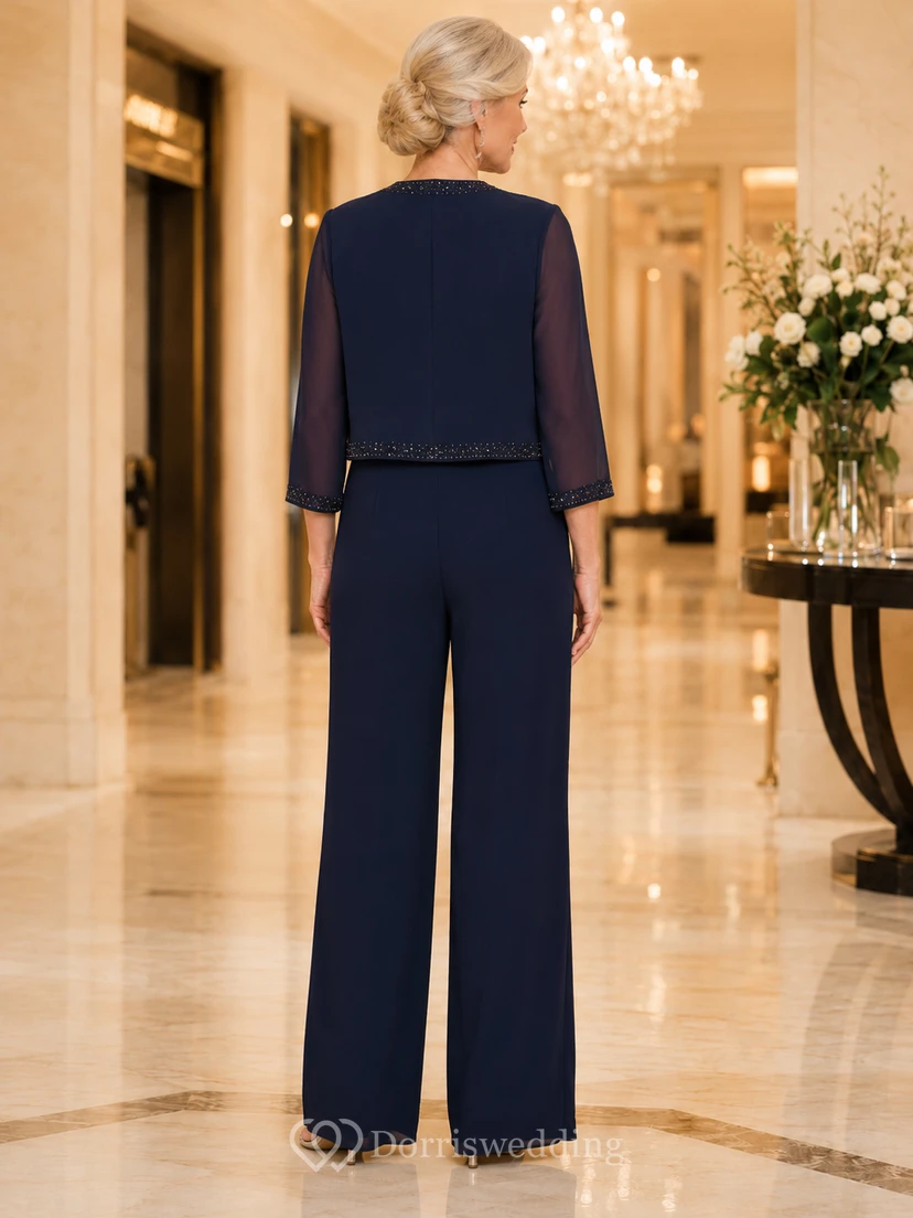 Mother Dark Navy Chiffon Jumpsuit with Jewel Neck Trim Jacket and Wide Leg Pants view 2
