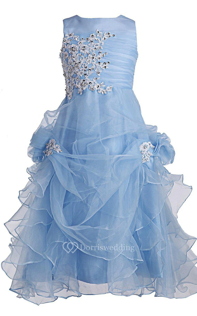 Sleeveless A-line Appliqued Dress With Ruffles
