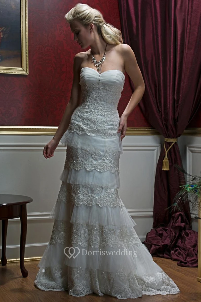 Sheath Sweetheart Long Sleeveless Tiered Lace Wedding Dress With Appliques And Corset Back view 3