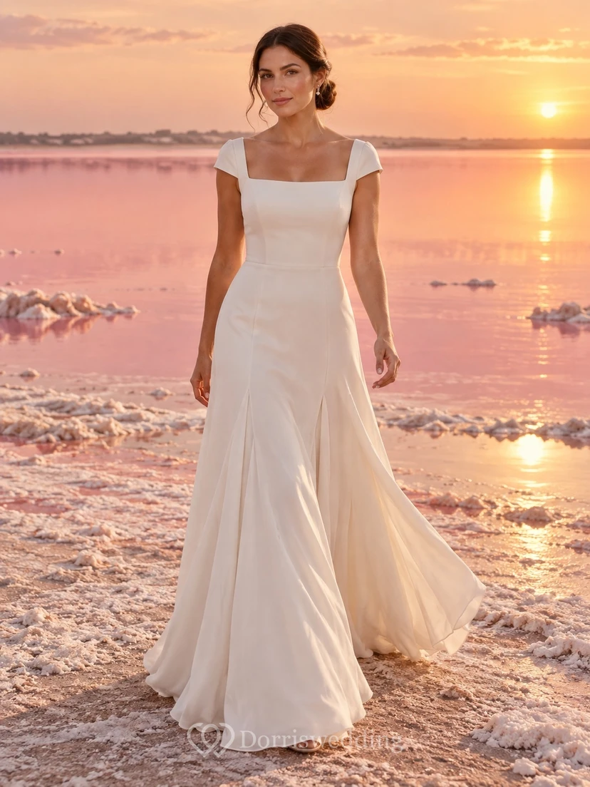 Vestido de novia sencillo con escote cuadrado, mangas cortas, corpiño liso, corte recto, cintura natural y cola.