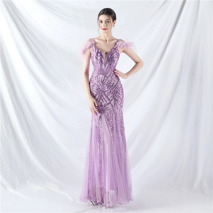 9-farbiges, handgefertigtes Abendkleid aus Kamelfedern, Netzstoff und Pailletten, sexy Trägern view 52