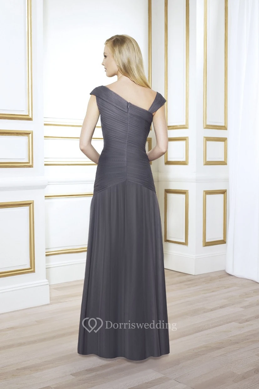 Floor-Length Ruched Cap Sleeve V-Neck Tulle Mother Of The Bride Dress With Broach view 2